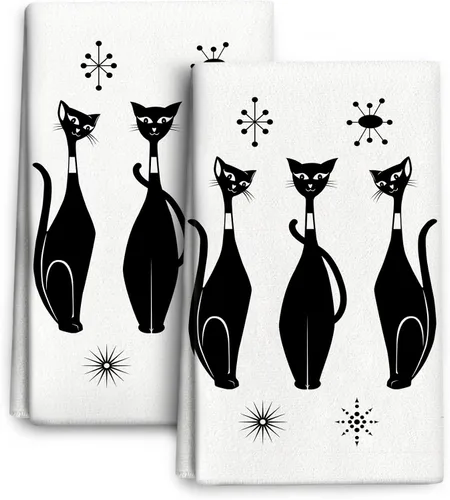Juego de paños de cocina decorativos estilo Mid Century Modern, lindos paños de cocina absorbentes con gato negro, paños de cocina, paños de mano