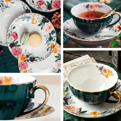 Miniatura 2 de ONEUSTAR Juego de taza de té y platillo para 1 taza de té floral de porcelana de hueso con cuchara, taza de café de 8 onzas, taza de capuchino latte