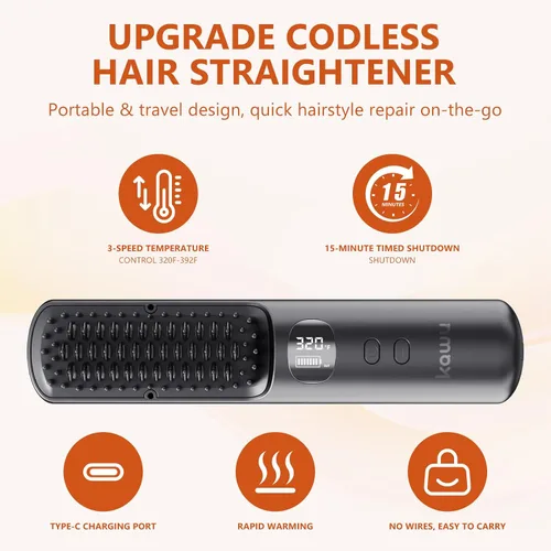 Miniatura 6 de Kawu Plancha eléctrica para el cabello, peine caliente portátil inalámbrico para viajes, de iones negativos de cerámica, mini peine alisador