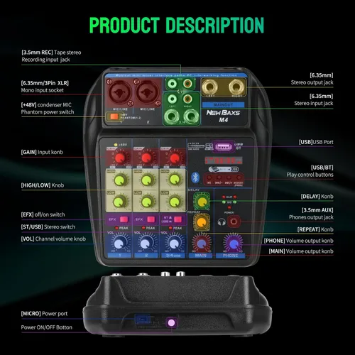 Miniatura 5 de Mezclador de audio para DJ, mezcladores de DJ, tablero de sonido de 4 canales con Bluetooth, NEW BAXS Sound Mixer Board XLR/1/4 pulgadas, entrada