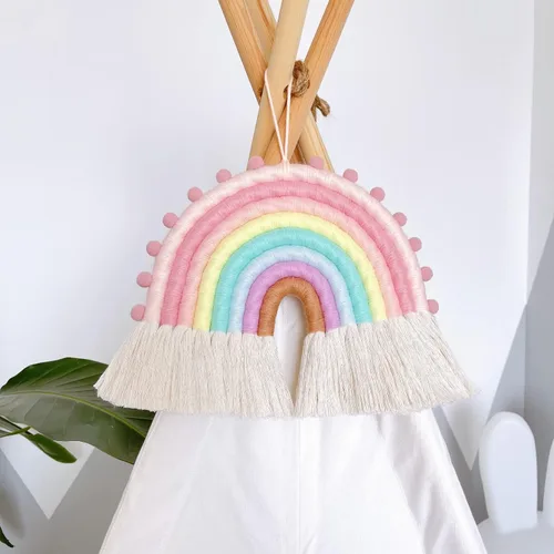 Miniatura 2 de Decoración grande de macramé para colgar en la pared, guirnalda de pompones hecha a mano, decoración de arco iris para habitación de niños, niñas