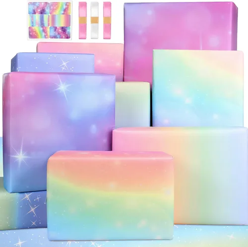 Miniatura 12 de BWLOIES Papel de Regalo de Cumpleaños Hojas de Papel de Regalo de Cumpleaños Hradient Multicolor Feliz Cumpleaños Juego de Papel Incluye Papel