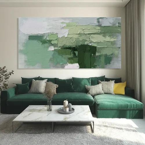 Miniatura 5 de SHEYOYE Lienzo abstracto de montaña gris azul y gris pardo con colinas verde oliva, 32 x 71 pulgadas, decoración de paisaje con textura grande