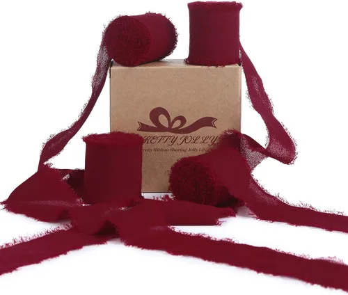 Miniatura 19 de Pretty Jolly Cinta de gasa beige para envolver regalos, 3 rollos de 2 pulgadas x 7 yardas, cinta de tela de seda hecha a mano con flecos para ramo