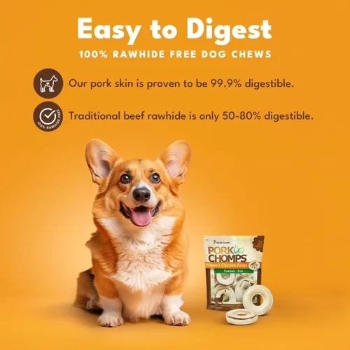 Miniatura 2 de Pork Chomps Masticables de piel de cerdo prensada para perros, anillos de 2.5 pulgadas, pollo real, 8 unidades, paquete de 1 – Golosinas de larga