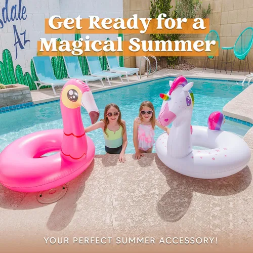 Miniatura 7 de JOYIN Paquete de 2 flotadores inflables de flamenco y unicornio para piscina, juguetes para decoración de fiesta, vacaciones de verano, lago, playa