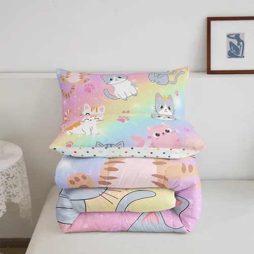 Miniatura 34 de Erosebridal Juego de ropa de cama para niños, tamaño individual, diseño de gatos de dibujos animados, para niñas, niños y adolescentes, edredón