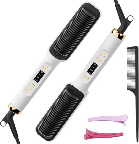 Cepillo alisador de cabello, plancha alisadora de cabello con peine integrado, 4 ajustes de temperatura y pantalla LED, seguridad antiquemaduras y