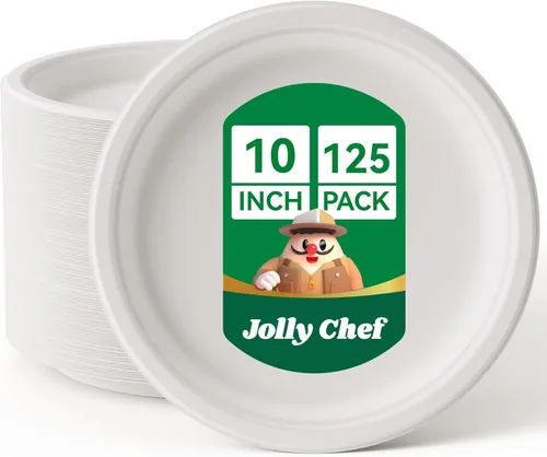 JOLLY CHEF Platos compostables resistentes de 10 pulgadas [paquete de 125] Platos desechables ecológicos blancos hechos de bagazo biodegradables