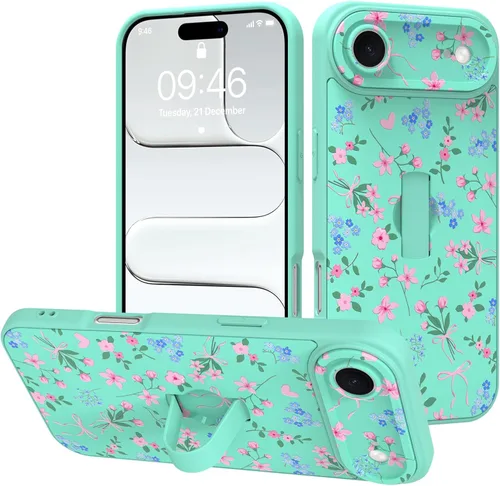 Miniatura 40 de Funda diseñada para iPhone 17 Pro Max con soporte plegable y correa para dedos, bonito patrón de lazo de corazón de flor rosa para mujeres y niñas