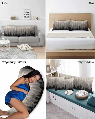 Miniatura 6 de Funda de almohada corporal de árbol del bosque gris, fundas de almohada suaves decorativas para sofá largo lumbar con cierre de sobre, madera