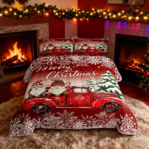 Miniatura 55 de Juego de edredón de Feliz Navidad para niños, tamaño twin, juego de ropa de cama de camión rojo árboles de pino copos de nieve, decoración