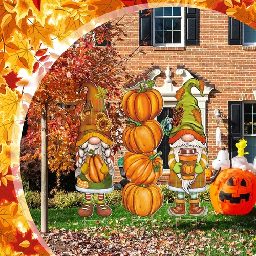 Miniatura 7 de Umigy 3 piezas de gnomo de otoño para decoración de patio con estacas de 32 x 10 pulgadas, decoración de jardín de otoño exterior para el hogar