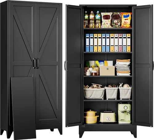 Miniatura 9 de Armario de almacenamiento negro con puertas y estantes ajustables, gabinetes de despensa de alimentos de granja de 36 pulgadas de alto, armario