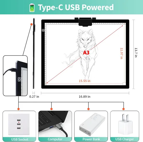Miniatura 4 de Almohadilla de Luz A3, 6 Niveles y Regulable Sin Escalones Tablero de Luz para Pintura de Diamante, Caja de Luz Ultra-Delgada con Clip Magnético
