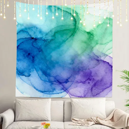 Miniatura 134 de Shrahala Tapiz de pared azul brillante, acuarela azul degradado para colgar en la pared, tapiz grande decorativo de fibra de poliéster, dobladillo