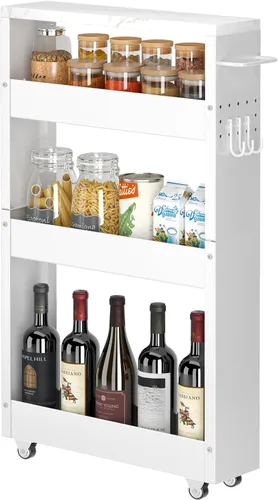 CHLORYARD Carrito de almacenamiento delgado, carrito de cocina de 4 niveles, armario de almacenamiento estrecho con asa y ruedas, unidad de estante