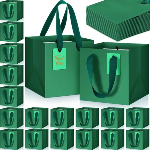 Miniatura 21 de Windyun 25 mini bolsas de regalo de papel con asa de 6 x 6 x 6 pulgadas, pequeñas bolsas cuadradas con etiqueta de agradecimiento para Navidad