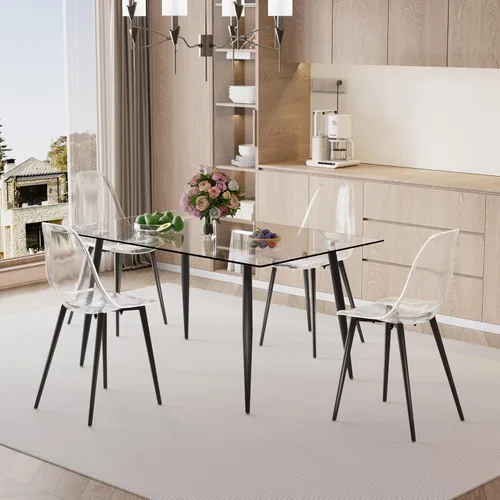 Miniatura 4 de Baysitone Mesa de comedor de cristal para 4 personas con tapa de vidrio rectangular transparente de 51 pulgadas, muebles de cocina de vidrio Negro