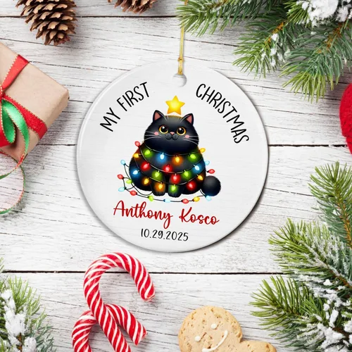 Miniatura 3 de Adornos de cerámica personalizados con texto en inglés «My First Christmas», bonito adorno de Navidad de gato para bebés, niños, primer recuerdo