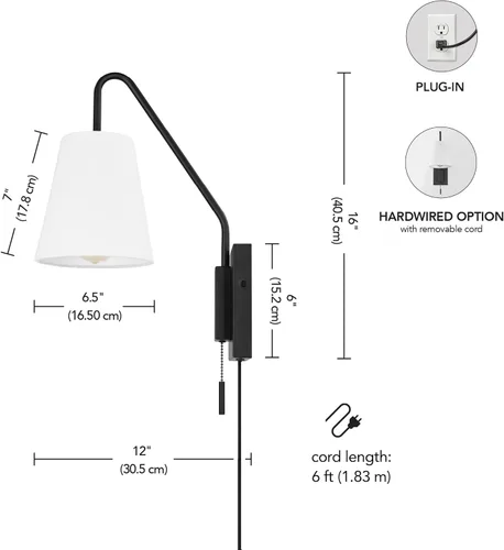 Miniatura 9 de Globe Electric 65000043 Lámpara de pared de 1 luz enchufable o cableada, negro mate, pantalla de tela blanca, brazo oscilante, cable de 1.8 metros