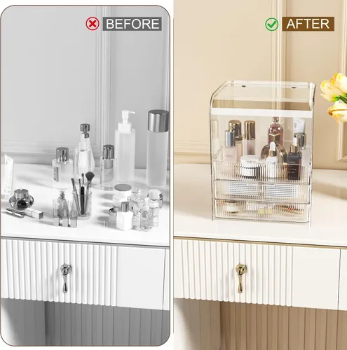 Miniatura 6 de GearFusion Organizador de Cosméticos Transparente de 3 Niveles, Estuche Expositor de Maquillaje con Tapa y Cajones, Caja de Almacenamiento