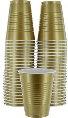 Amcrate Vasos desechables, vasos dorados de plástico de 18 onzas, fuertes y resistentes para bodas, Navidad, Halloween, paquete de 50