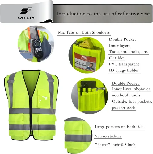 Miniatura 4 de sesafety Chaleco de seguridad con 9 bolsillos, chaleco reflectante de alta visibilidad, chaleco de seguridad, chaleco de trabajo para hombre