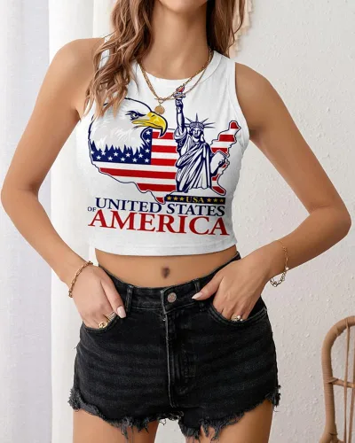 Miniatura 3 de Camiseta corta con bandera estadounidense para mujer, patriótica de Estados Unidos, para el 4 de julio, sexy, expuesta, suave, para verano, sin