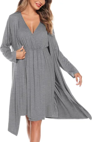 Miniatura 4 de SWOMOG Women Maternity Nursing Gown and Robe Set 3 in 1 Labor Delivery Nursing Nightgown for Breastfeeding Hospital Bathrobe