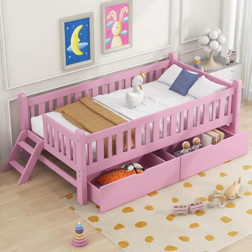 Miniatura 15 de Bellemave Estructura de cama tamaño completo con barandillas de protección y cajones de almacenamiento, camas infantiles de madera estilo Montessori