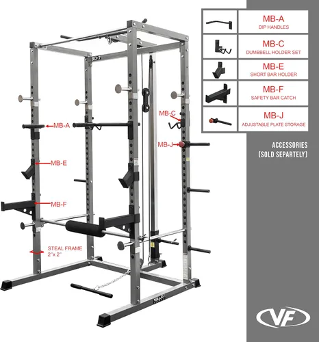 Miniatura 9 de Valor Fitness Power Rack - Soporte para sentadillas y banco de prensa de banco con accesorio desplegable LAT de 2 x 2 pulgadas, marco de Rack
