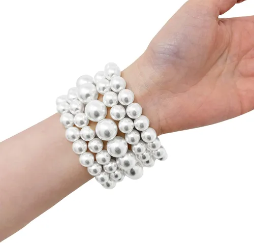 Miniatura 3 de BA UNIQUE FASHION Conjunto de 5 pulseras elásticas de perlas simuladas para mujer