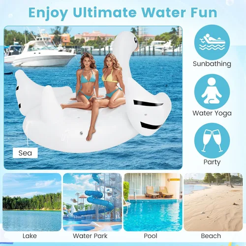 Miniatura 7 de Goplus Isla flotante de cisne inflable gigante, flotador de piscina para 4 personas con 4 soportes para tazas, muelle flotante recreativo para lago
