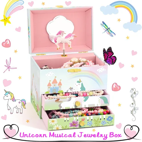 Miniatura 18 de RR ROUND RICH DESIGN - Joyero musical para niñas con cajón y juego de joyas con tema de bailarina, melodía de “El lago de los cisnes”, color rosado