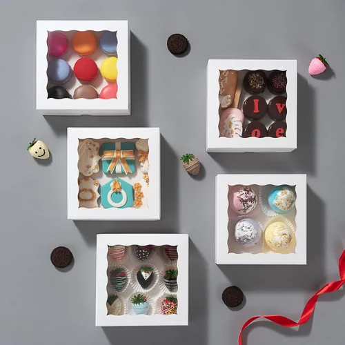 Miniatura 4 de RomanticBaking Paquete de 24 cajas de panadería (no incluye alimentos) de 7 x 7 x 2 1/2 pulgadas, cajas de fresas cubiertas de chocolate blanco