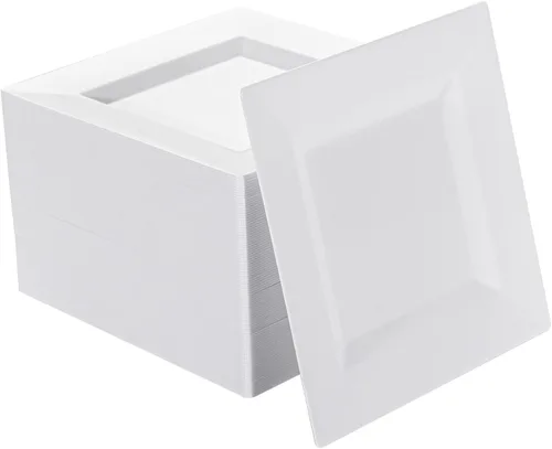 Miniatura 10 de Paquete de 100 platos cuadrados de plástico de postre rosa, platos desechables de 6.5 pulgadas, platos resistentes para fiestas, bodas, Navidad