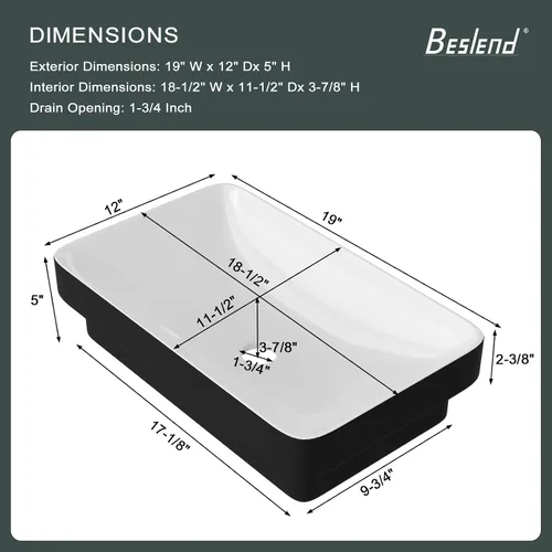 Miniatura 5 de Fregadero de baño de recipiente, semiempotrado, blanco y negro, 19 x 12 pulgadas, sobre encimera, fregaderos de cerámica rectangulares, encimera