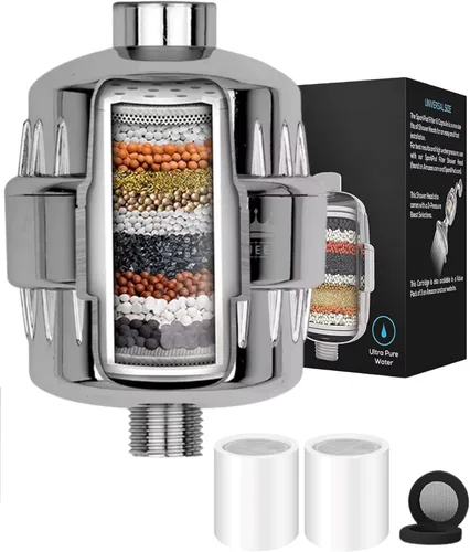 Filtro de ducha de alto rendimiento para agua dura, sistema de filtración de 15 etapas, elimina el cloro, metales pesados e impurezas, mejora la