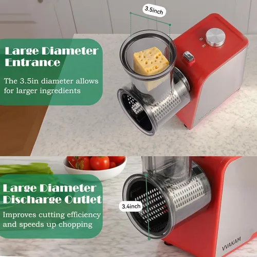Miniatura 2 de Rallador de Queso Eléctrico 5 en 1, 300W Fabricante de Ensaladas, Rallador Eléctrico para Queso en Bloque, Rebanadora Trituradora Eléctrica de Rojo