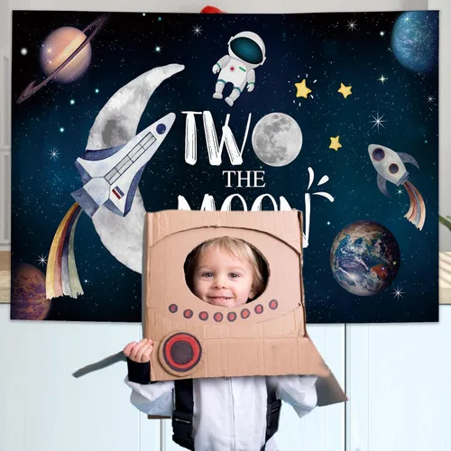 Miniatura 6 de AIBIIN 7x5ft Two the Moon Bckdrop Espacio Exterior Boy 2º cumpleaños Fotografía Fondo Universo Galaxia Cielo Planeta Estrellas Decoraciones