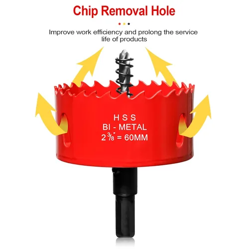 Miniatura 3 de Sierra perforadora de 2 3/8 pulgadas (60mm) para madera y plástico, broca de núcleo de cortador de agujeros bimetálico HSS para paneles de yeso, Rojo