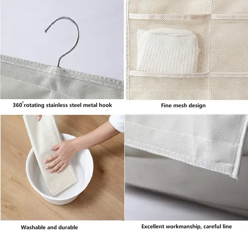 Miniatura 4 de Organizador para colgar en el armario Newraturner con bolsillos de malla y colgador de metal giratorio, bolsas de almacenamiento de pared de doble