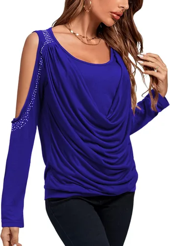 Miniatura 4 de Rooscier Blusa de manga larga con cuello vuelto y hombros descubiertos para mujer