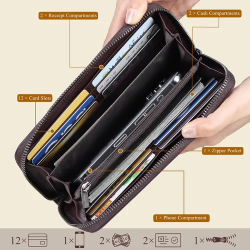 Miniatura 53 de VISOUL Cartera larga de cuero con cremallera para hombres y mujeres con bloqueo RFID, cartera larga de embrague grande con cremallera, Negro