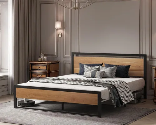 Miniatura 3 de BONSOIR Marco de cama tamaño Queen con plataforma de acero estable con cabecero/estribo de madera (tamaño queen)