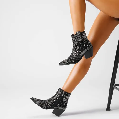 Miniatura 5 de ISNOM Rhinestone Cowboy Boots Sparkly Ankle Boots with Pointed Toe and Chunky Heel Design