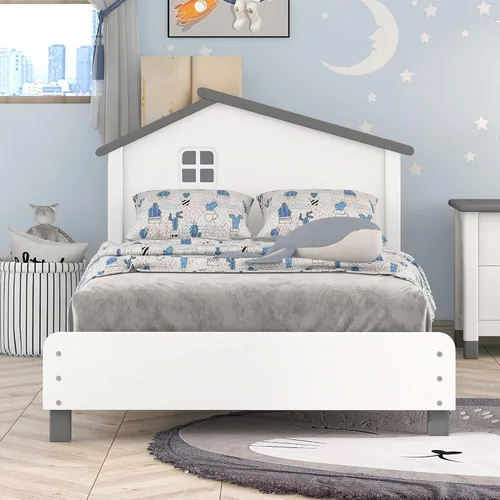 Miniatura 29 de Cama de plataforma de madera de tamaño individual con cabecera en forma de casa, soporte de listones de madera, para dormitorio de niños, niñas