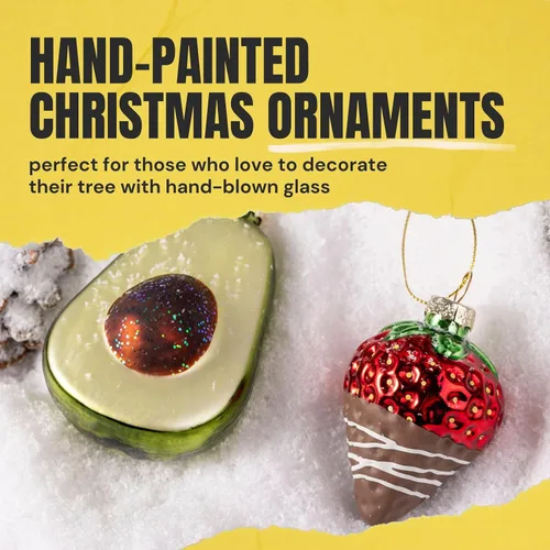 Miniatura 5 de Adornos de Navidad de cristal, paquete de 2 adornos de aguacate y fresa para árboles de Navidad, adornos de vidrio soplado para colección y regalo