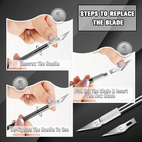 Miniatura 7 de DIYSELF Juego de 2 cuchillos Exacto para manualidades, arte y cuero - Cuchillo de precisión con 20 cuchillas #11 (negro)
